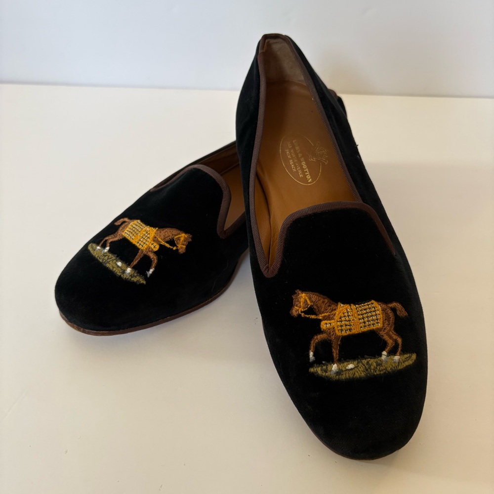Stubbs Wootton Men’s  Black Brown Trim Velvet Slippers‎ Horse Pony Embroidery 7